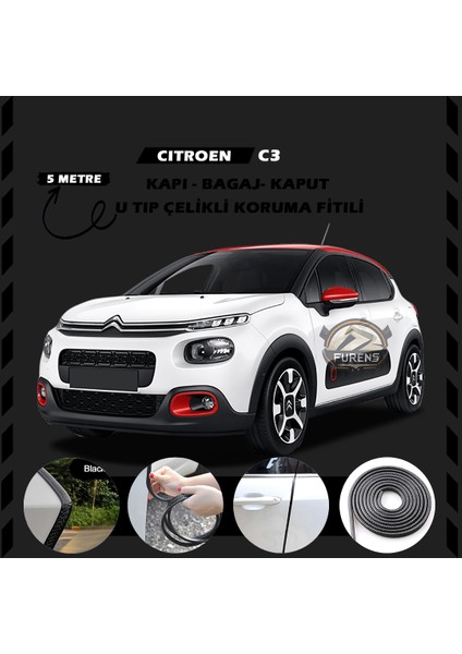 Citroen C3 Oto Araç Kapı Koruma Fitili 5metre Parlak Siyah Renk