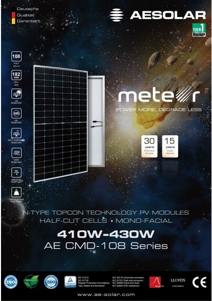 AE Solar Ae 430W-108 Hücreli Topcon-Monofacıal-Halfcut Güneş Paneli