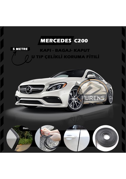 Mercedes C200 Oto Araç Kapı Koruma Fitili 5metre Parlak Siyah Renk