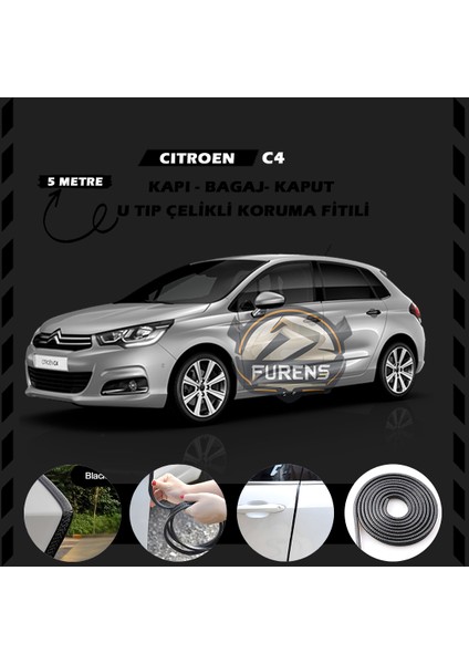 Citroen C4 Oto Araç Kapı Koruma Fitili 5metre Parlak Siyah Renk