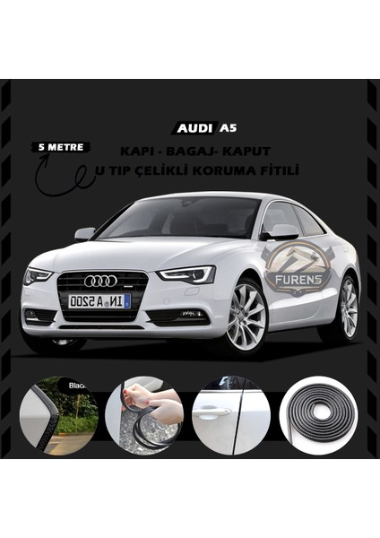 Audi A5 Oto Araç Kapı Koruma Fitili 5metre Parlak Siyah Renk
