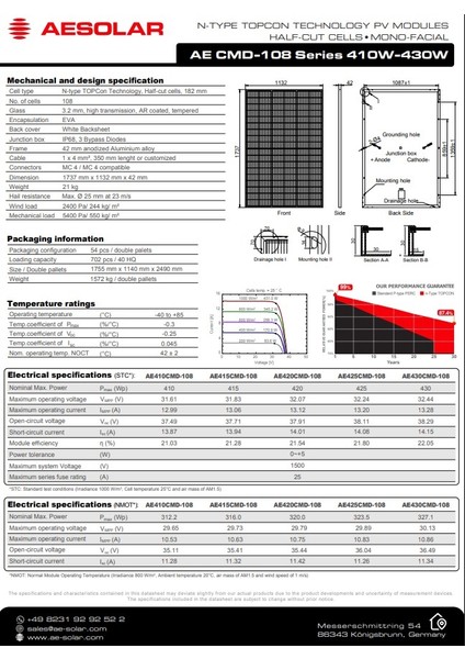 AE Solar Ae 430W-108 Hücreli Topcon-Monofacıal-Halfcut Güneş Paneli