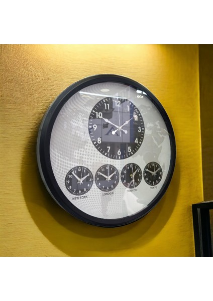 Dünya Saatleri Otel Duvar Saati Metal Siyah Çerçeve Çap 52 cm