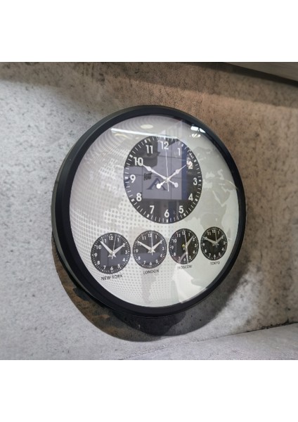 Dünya Saatleri Otel Duvar Saati Metal Siyah Çerçeve Çap 52 cm modelleri