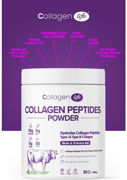 Collagen Life %100 Hidrolize Kolajen Peptitler Biotin ve 15 Amino Asit İçeren Gıda Takviyesi 50 Günlük