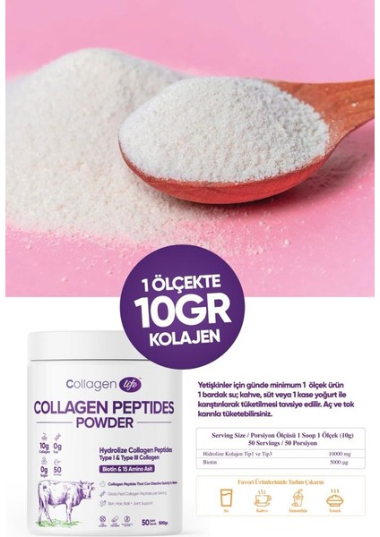 Collagen Life %100 Hidrolize Kolajen Peptitler Biotin ve 15 Amino Asit İçeren Gıda Takviyesi 50 Günlük