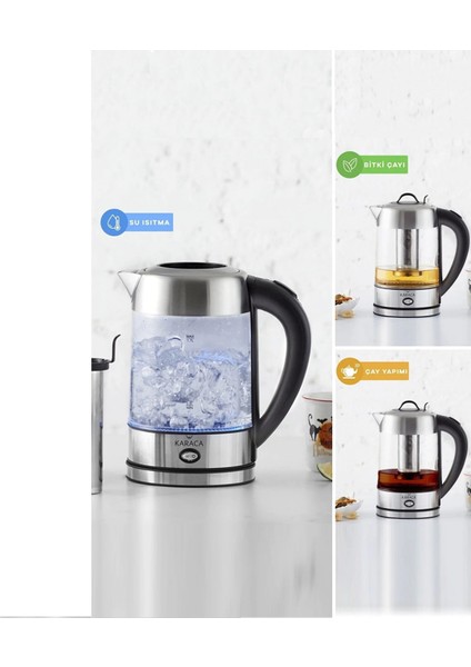 LED Işıklı Premium Kettle Cam Bitki Çayı Makinesi / Su Isıtıcı Inox 2202 Paslanmaz Çelik indirimleri