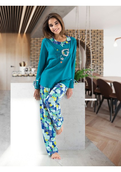 Derya Kurşun Uzun Kol Desenli Kadın Pijama Takım 1111