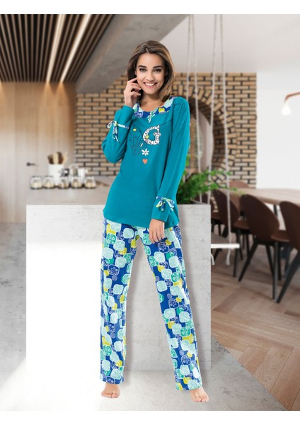Derya Kurşun Uzun Kol Desenli Kadın Pijama Takım 1111