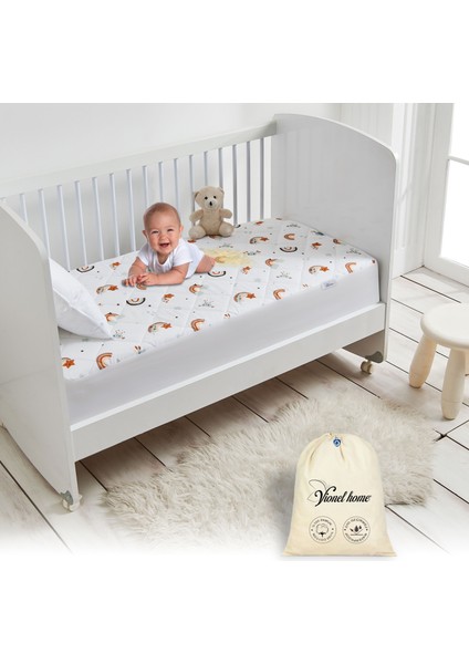 Pamuk, Gökkuşağı Desenli Kapitone Sıvı Geçirmez Bebek ve Çocuk Yatak Alezi, Yatak Koruyucu Alez, Lastikli Çarşaf 60 x 120