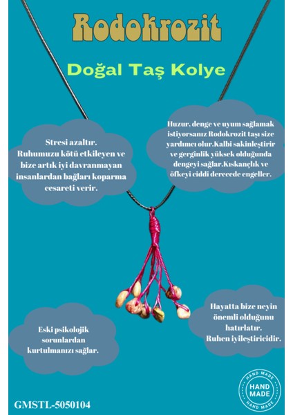 Sertifikalı Orijinal Doğal Taş Rodokrozit Taşı El Yapımı Bakır Tel Sarma Kolye