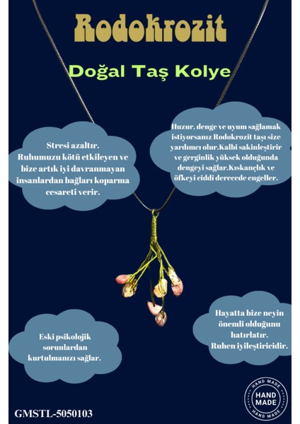 Sertifikalı Orijinal Doğal Taş Rodokrozit Taşı El Yapımı Bakır Tel Sarma Kolye fiyatları