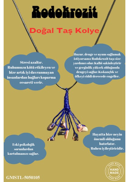 Sertifikalı Orijinal Doğal Taş Rodokrozit Taşı El Yapımı Bakır Tel Sarma Kolye