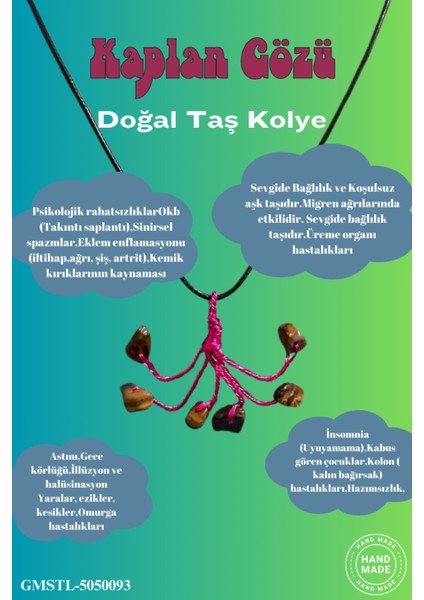 Sertifikalı Orijinal Doğal Taş Kaplan Gözü Taşı El Yapımı Bakır Tel Sarma Kolye