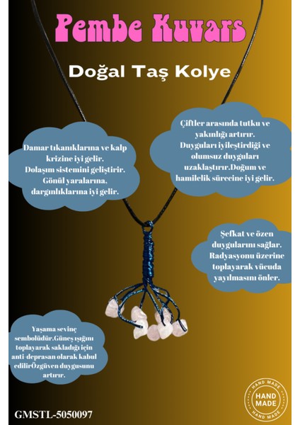 Sertifikalı Orijinal Doğal Taş Pembe Kuvars Taşı El Yapımı Bakır Tel Sarma Kolye