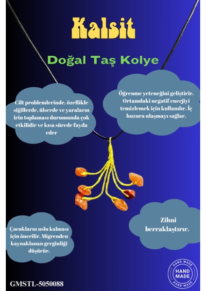 Sertifikalı Orijinal Doğal Taş Kalsit Taşı El Yapımı Bakır Tel Sarma Kolye
