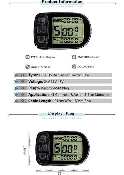 Ebike Kt-Lcd5 Ekran 24V36V48V72V 5 Pin Sm/su Geçirmez Konnektör Ekranı Elektrikli Bisiklet Için Akıllı Kontrol Paneli (Yurt Dışından)