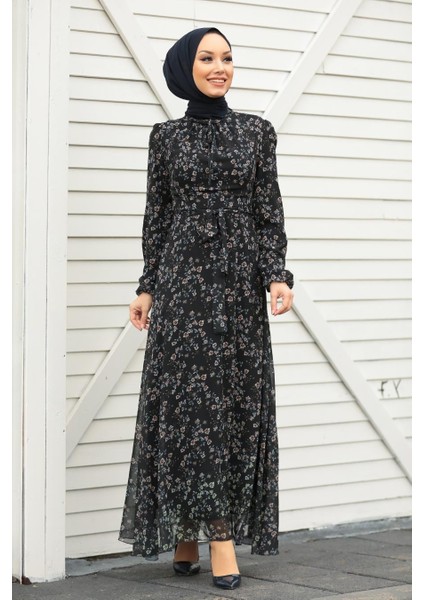 Çiçek Desenli Siyah Tesettür Elbise 27902S