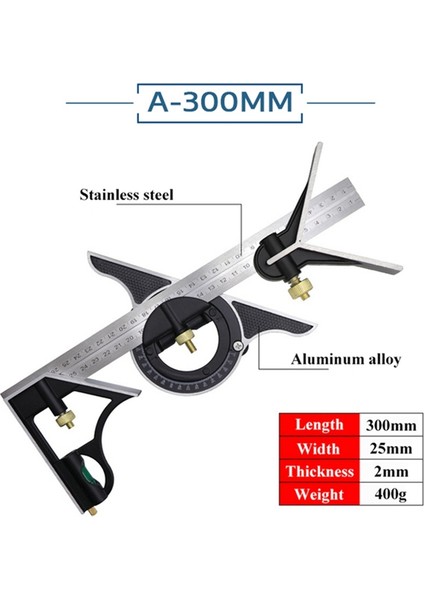 300MM Paslanmaz Çelik Hareketli Kombinasyon Kare Hareketli Kare Marangoz 90 Derece 45 Derece Dönüş Kare Kare (Yurt Dışından)
