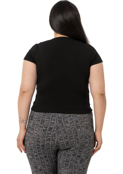 Büyük Beden Yarım Kollu Göğüste Bağcık Detaylı Kaşkorse Siyah Body