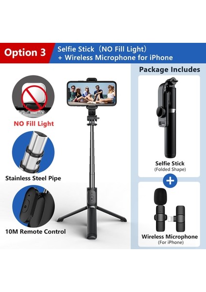 Seçenek 3 Selfie Çubuğu Katlanabilir Mini Tripod ile Dolgu Işığı Bluetooth Uzaktan Deklanşör Geri Çekilebilir Çubuk Huawei Xiaomi iPhone Cep Telefonu Için (Yurt Dışından)