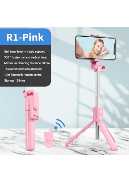 R1 Pembe Selfie Çubuğu Dereceli Fotoğraf Tutucu Uzatılmış Tripod Canlı Yayın Katlanabilir Mini Tripod Uzaktan Kumandalı Genişletilebilir Monopod (Yurt Dışından)