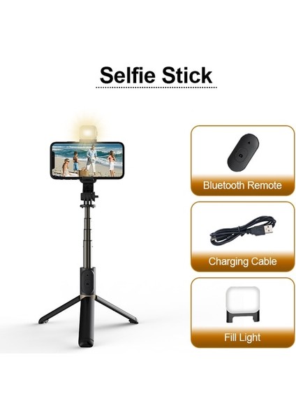 Işıklı Siyah Fangtuosı 2022 Yeni Kablosuz Selfie Çubuğu Bluetooth Deklanşörlü Bluetooth Katlanabilir Tripod Dolgu Işığı Alüminyum Alaşımlı Selfie Stck (Yurt Dışından)