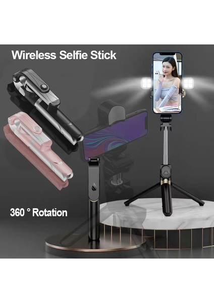 1 Msiyah Çift Işık 360° Dönebilen Telefon Tutucu Kablosuz Selfie Çubuğu Bluetooth Teleskopik Katlanabilir Tripod Dolgu Işığı ile Uzatılabilir Uzaktan Kumanda (Yurt Dışından) fiyatları