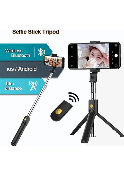 Siyah Taşınabilir Kablosuz Selfie Çubukları Tripod Bluetooth Deklanşör Uzaktan Kumanda Katlanabilir Monopod Akıllı Telefon Standı Katlanabilir Teleskopik (Yurt Dışından)