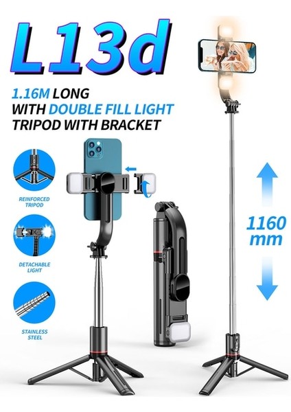 L13D L13/L13D Bluetooth Tripod Selfie Çubuğu, Ön ve Arka Doldurma Işığı Takviye Braketi Ayarlanmış Tripod Katlanabilir Selfie Çubuğu (Yurt Dışından)
