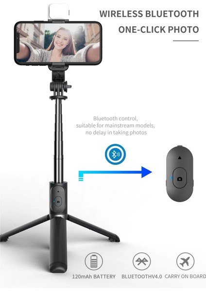 Siyah Tripod Kablosuz Bluetooth Özçekim Çubuğu Özçekim Çubukları Teleskopik Telefon Bluetooth ile Uzaktan Katlanabilir Uzatılabilir Monopod (Yurt Dışından)
