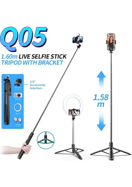 Işıksız Q05 1600MM Kablosuz Selfie Çubuğu Bluetooth Deklanşör Tripod Aksiyon Kameraları Akıllı Telefonlar Için Dolgu Işığı ile Katlanabilir Monopod Selfie (Yurt Dışından)
