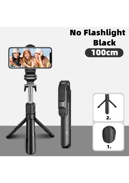 Siyah Işık Yok 100 cm Tripod Selfie Çubuğu LED Işık ile iPhone Android Cep Telefonu Tutucu Stand Kutup Çubuk Akıllı Telefon Bluetooth Uzatılabilir Monopod (Yurt Dışından)