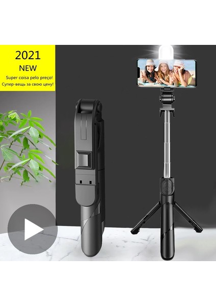 Siyah Işık Yok 100 cm Tripod Selfie Çubuğu LED Işık ile iPhone Android Cep Telefonu Tutucu Stand Kutup Çubuk Akıllı Telefon Bluetooth Uzatılabilir Monopod (Yurt Dışından)