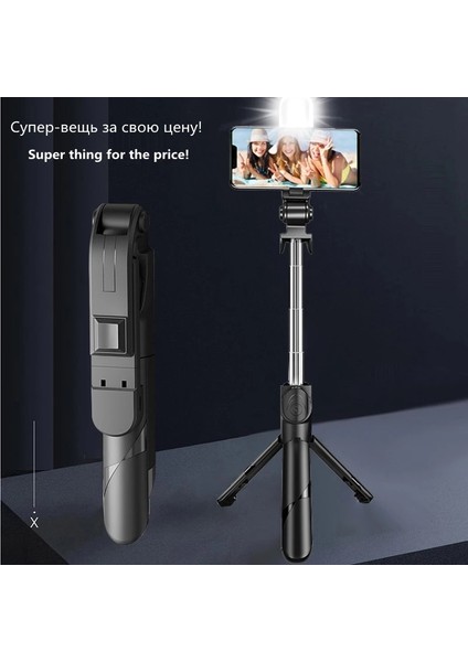 Siyah Işık Yok 100 cm Tripod Selfie Çubuğu LED Işık ile iPhone Android Cep Telefonu Tutucu Stand Kutup Çubuk Akıllı Telefon Bluetooth Uzatılabilir Monopod (Yurt Dışından)