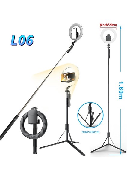 1.6m Tripod 20CM L06 4 In 1 Kablosuz Bluetooth Selfie Sopa El Uzaktan Deklanşör 1.6m Tripod 8 Inç LED Halkalı Fotoğraf Işığı Android Ios Için (Yurt Dışından)