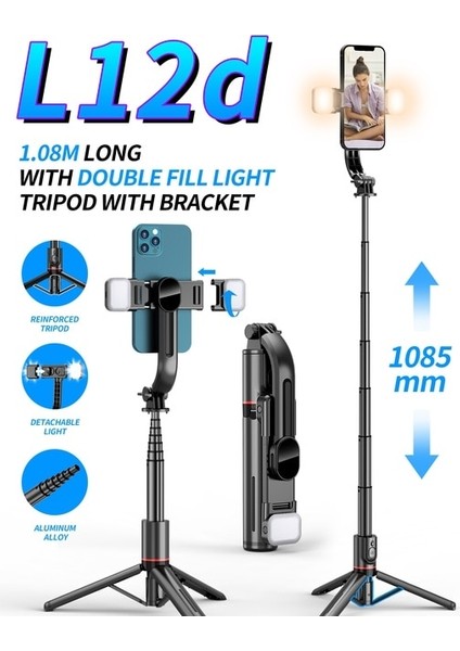 L12D-ÇIFT Dolgu Işığı Kablosuz Selfie Çubuğu Tripod, Uzaktan Kumandalı 1085MM Katlanabilir Taşınabilir Dolgu Işığı Alüminyum Alaşımlı Telefon Standı Tutucu, Akıllı Telefon Için (Yurt Dışından)