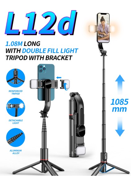 L12D-ÇIFT Dolgu Işığı Kablosuz Selfie Çubuğu Tripod, Uzaktan Kumandalı 1085MM Katlanabilir Taşınabilir Dolgu Işığı Alüminyum Alaşımlı Telefon Standı Tutucu, Akıllı Telefon Için (Yurt Dışından) indirimleri