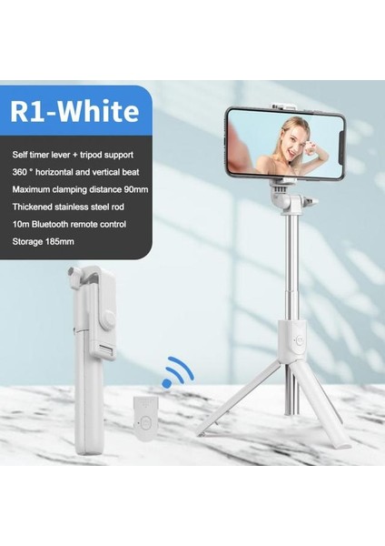 R1 Beyaz Selfie Çubuğu Dereceli Fotoğraf Tutucu Uzatılmış Tripod Canlı Yayın Desteği Tüm Cep Telefonları Bluetooth Uzaktan Kumanda Tiktok (Yurt Dışından)