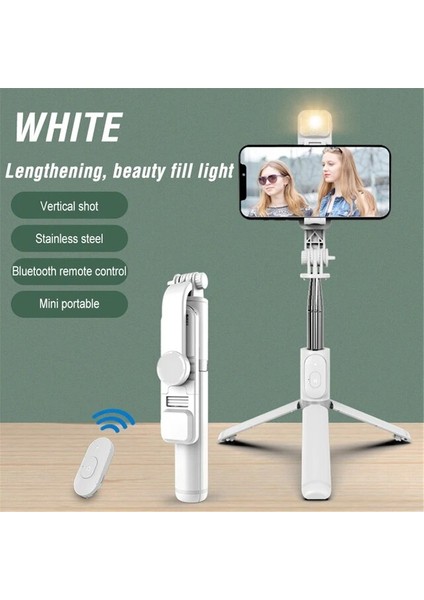 Beyaz Yeni Trend Selfie Çubuğu Kablosuz Bluetooth Selfie Çubuğu Dolgu Işığı Deklanşör Uzaktan Kumanda Telefon Braketi ile Katlanabilir Mini Tripod (Yurt Dışından)