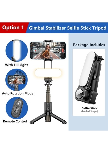 Seçenek 1 Gimbal Sabitleyici Selfie Çubuğu Tripod Huaweı Xiaomi IPhone 13 Cep Telefonu Akıllı Telefon Için Dolgu Işığı ile Kablosuz Bluetooth (Yurt Dışından)