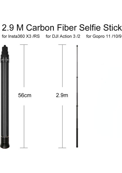 2.9m Süper Uzun Karbon Fiber Görünmez Selfie Çubuğu INSTA360 X3 /djı Actıon 3 /gopro 11 Kamera Selfie Çubuğu (Yurt Dışından)