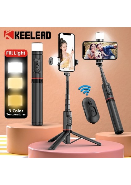 Seçenek 1 2023 Yenı Taşınabilir Kablosuz Bluetooth Telefon Teleskopik Selfie Çubuk Tripod Dolgu Işığı ile Huawei iPhone 13 Android Xiaomi Için (Yurt Dışından)