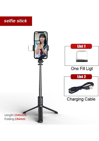 Siyah Roreta 2022 Yeni Katlanabilir Kablosuz Bluetooth Selfie Sopa Tripod Monopod Deklanşör Dolgu Işığı Paslanmaz Çelik Selfie Stck (Yurt Dışından)