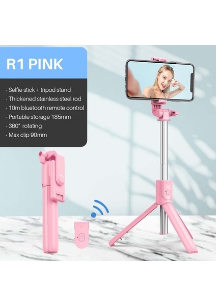 R1 Pembe Bluetooth Selfie Sopa Cep Telefonu Tutucu Geri Çekilebilir Taşınabilir Çok Fonksiyonlu Mini Tripod Kablosuz Uzaktan Deklanşör (Yurt Dışından)