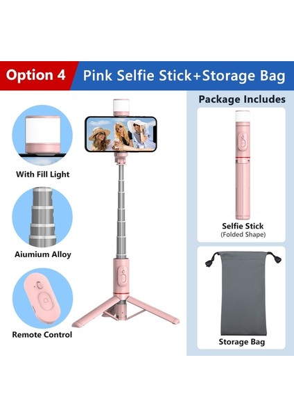 Pembe Çanta Ekle Taşınabilir Selfie Çubuğu Tripod Dolgu Işığı ile Uzatılabilir Monopod iPhone 14 Pro Xiaomi Huawei P50 Samsung Vlog Canlı Kayıt (Yurt Dışından)