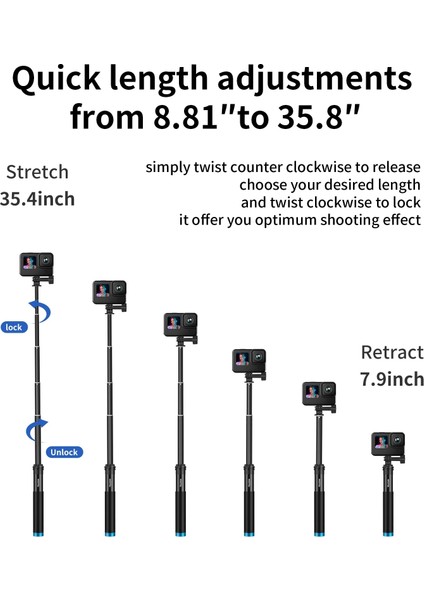 Kameralı Telefon Için Telesın Uzatılabilir El Selfie Sopa Alüminyum Alaşımlı Teleskop Direği Gopro Hero Için 11 10 9 8 7 INSTA360 Djı Osmo Action 2 3 (Yurt Dışından) modelleri