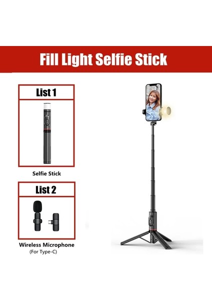 Siyah Ekle Ty-C Fangtuosı 2023 Yenı Taşınabilir Kablosuz Bluetooth Telefon Selfie Çubuğu Tripod Dolgu Işığı ile Bluetooth Deklanşör iphone Huawei Için (Yurt Dışından)