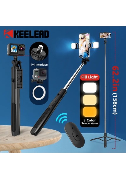 Seçenek 3-Işık Yok Q05 1580MM Yeni Kablosuz Selfie Çubuğu Tripod Gopro Aksiyon Kameraları Akıllı Telefonlar Için Dolgu Işığı ile Katlanabilir Monopod Selfie Canlı (Yurt Dışından)
