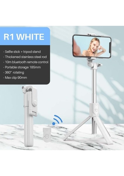 R1 Beyaz Yeni Bluetooth Selfie Çubuğu Cep Telefonu Tutucu Geri Çekilebilir Taşınabilir Çok Fonksiyonlu Mini Tripod Kablosuz Uzaktan Deklanşör (Yurt Dışından)